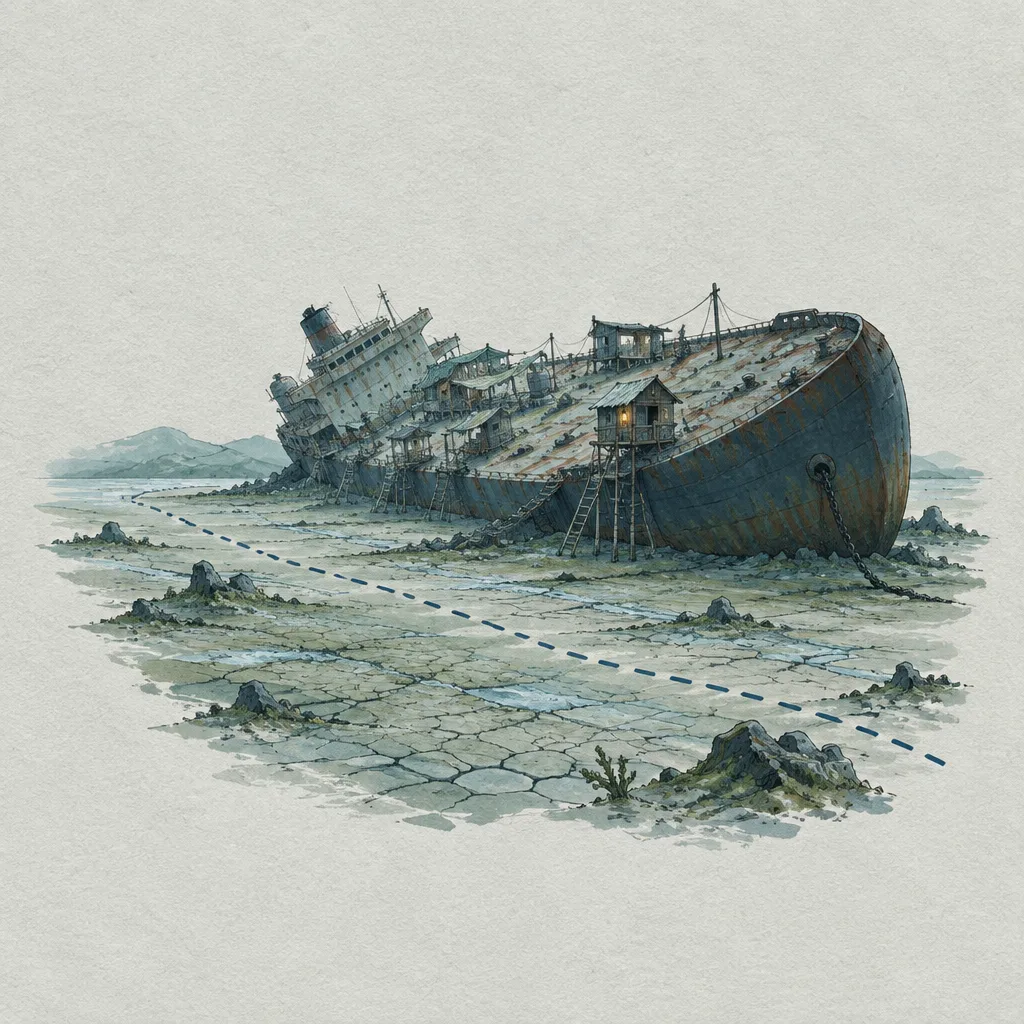 Sketsa tinta tanker raksasa yang kandas miring di dasar laut kering yang retak, dengan gubuk di dek dan garis putus-putus bekas pantai lama.